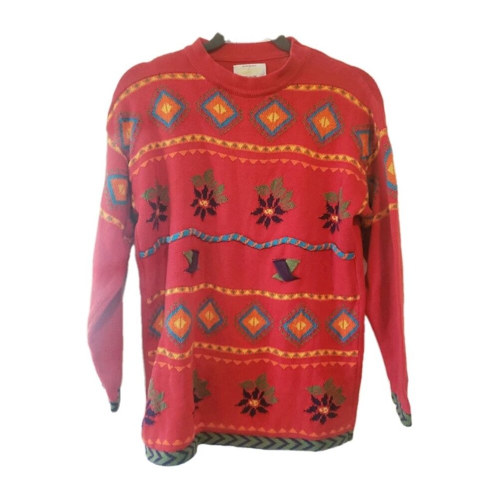 Vintage Benetton Sweater Cotton Italy Embroidered Red Womens M 3D Knit